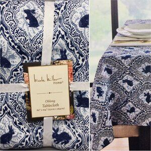 Nicole Miller Easter Bunny Tablecloth 60x104 Blue White Farmhouse Country Spring